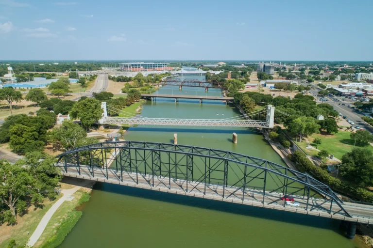 Aerial view of the Brazos River Watershed where Meta has sponsored the implementation of ION's End-to-End Water Management System across all properties owned by a national affordable housing provider within the area